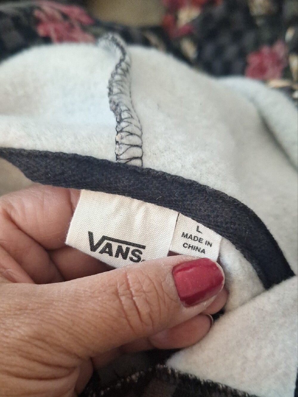 Vans Black Checkerboard Hoodie with Burgundy & Gold Floral Accents - Picture 3 of 4
